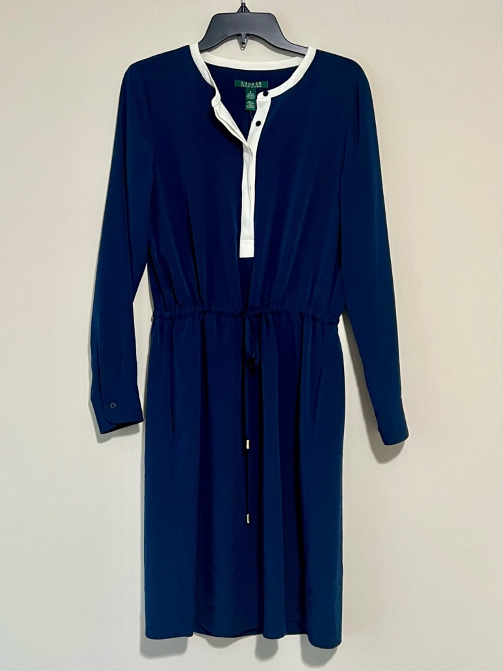 Ralph Lauren Navy Long-Sleeve Shirt Dress with Drawstring Waist and White Trim